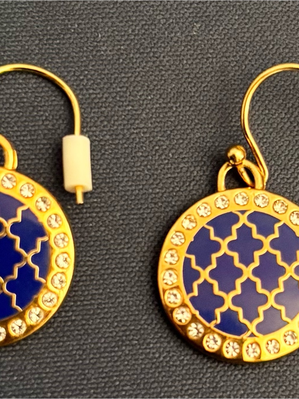 Gold-Tone Blue Enamel Drop Earrings with Crystal Accents
